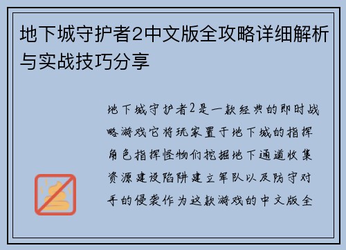 地下城守护者2中文版全攻略详细解析与实战技巧分享